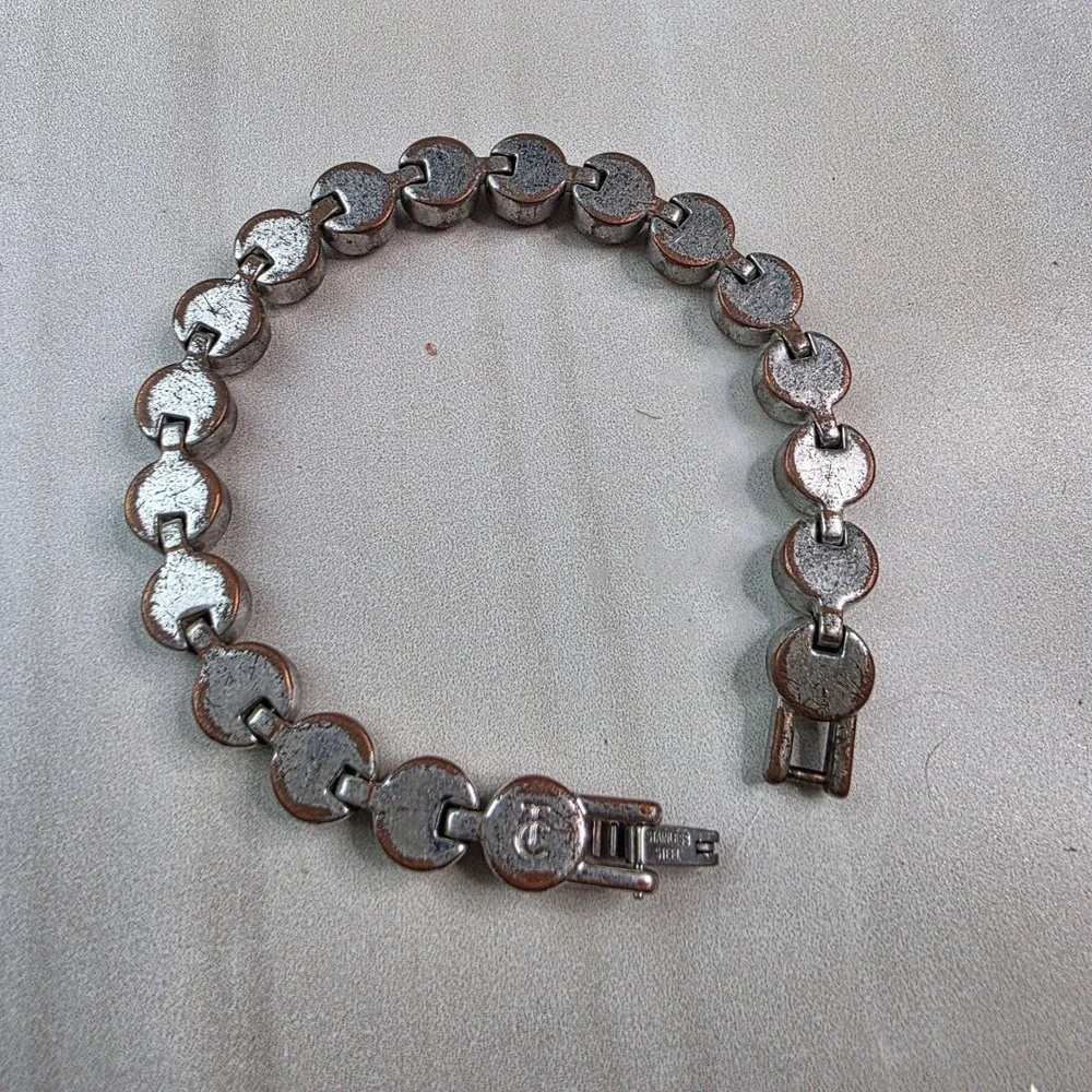 Vintage TC Stainless‎ Steel Bezel Set Clear Crystal Tennis Bracelet Silver Tone